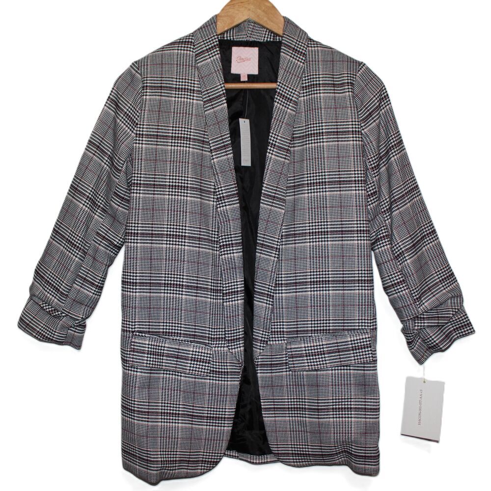 NWT Womens Candies Oversized Blazer Black Plum Purple Plaid Long Sleeve Size XS
